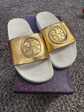 Tory Burch Metallic Gold Logo Slide Sandals with White Footbed
